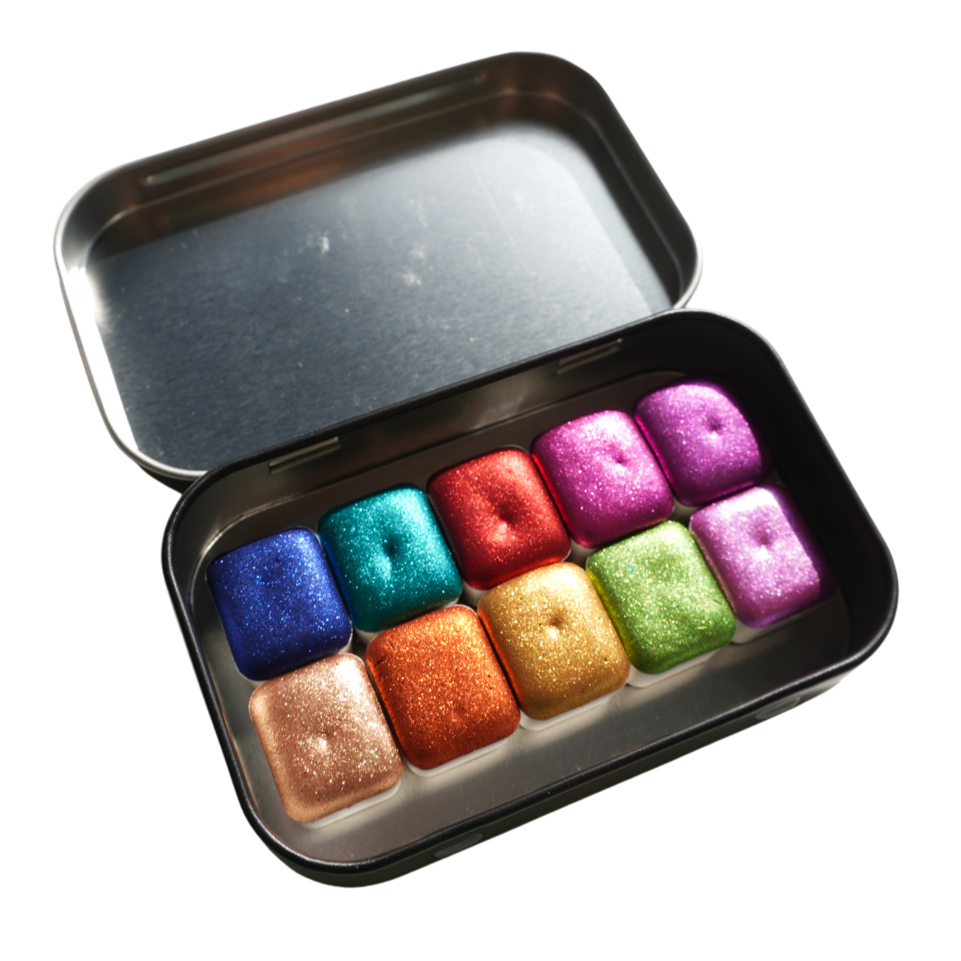 TheoryTheShop - Set PALETA CROMADA de acuarelas artesanales súper brillantes HALF PAN