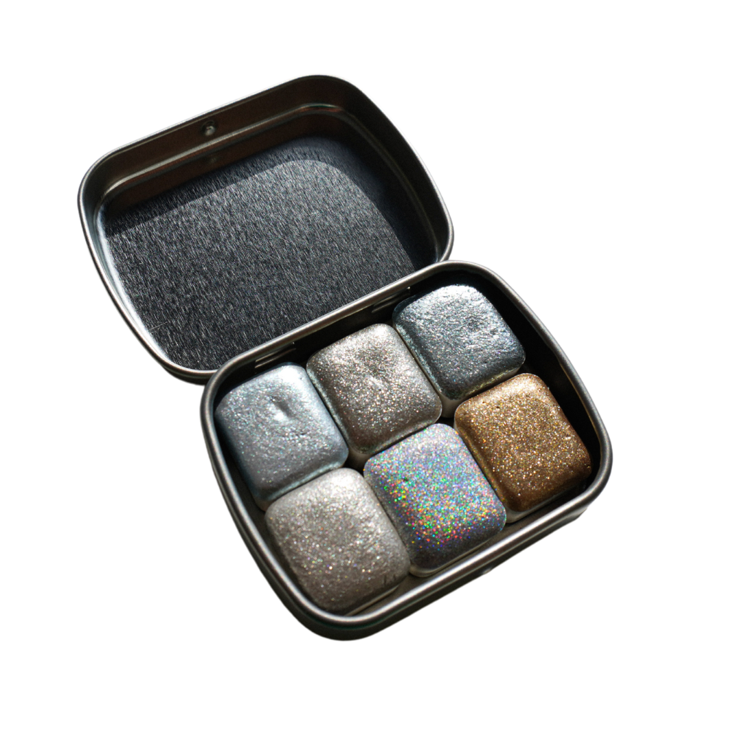 TheoryTheShop - Set SILVER de acuarelas artesanales súper brillantes HALF PAN