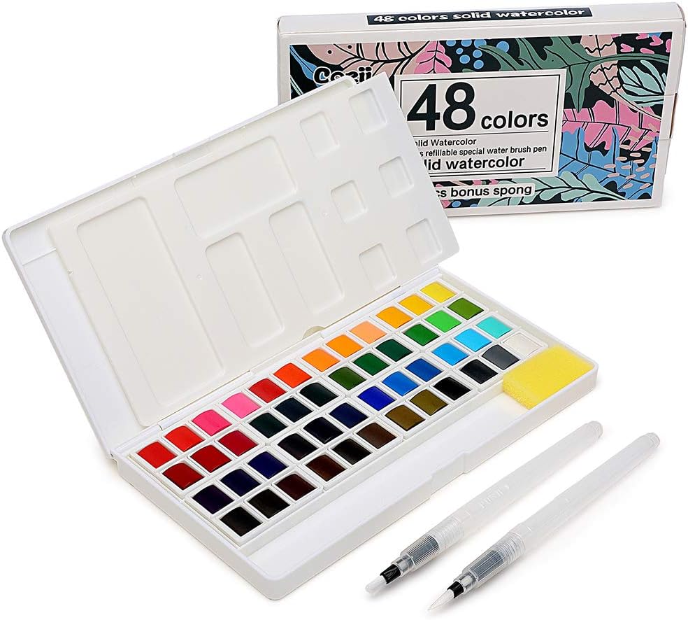 Juego de 48 pinturas de acuarela, suministros de arte, kit de pintura de acuarela portátil, 2 bolígrafos especiales recargables, esponja y paleta de acuarela