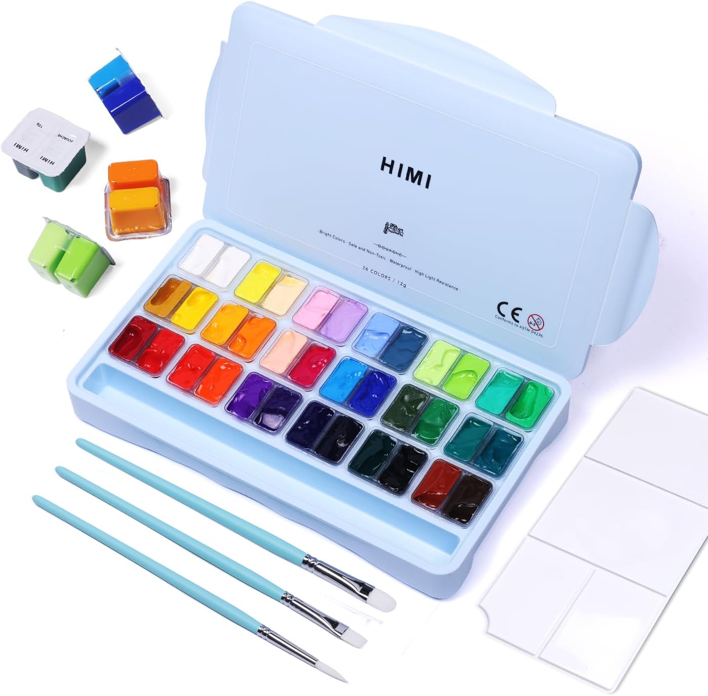 HIMI - Juego de pintura gouache, 36 colores x 0.4 fl oz, diseño de taza de gelatina doble con 3 pinceles de pintura y una paleta en un estuche de transporte, perfecto para artistas, estudiantes