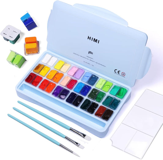 HIMI - Juego de pintura gouache, 36 colores x 0.4 fl oz, diseño de taza de gelatina doble con 3 pinceles de pintura y una paleta en un estuche de transporte, perfecto para artistas, estudiantes KEEPLIVINGFASTER