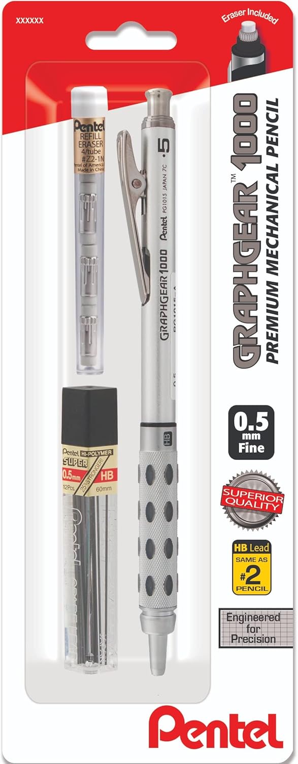 Pentel GraphGear 1000 - Lápiz de dibujo mecánico automático de 0.020 in, incluye recambios de plomo y borrador, agarre metálico cincelado con almohadillas suaves KEEPLIVINGFASTER