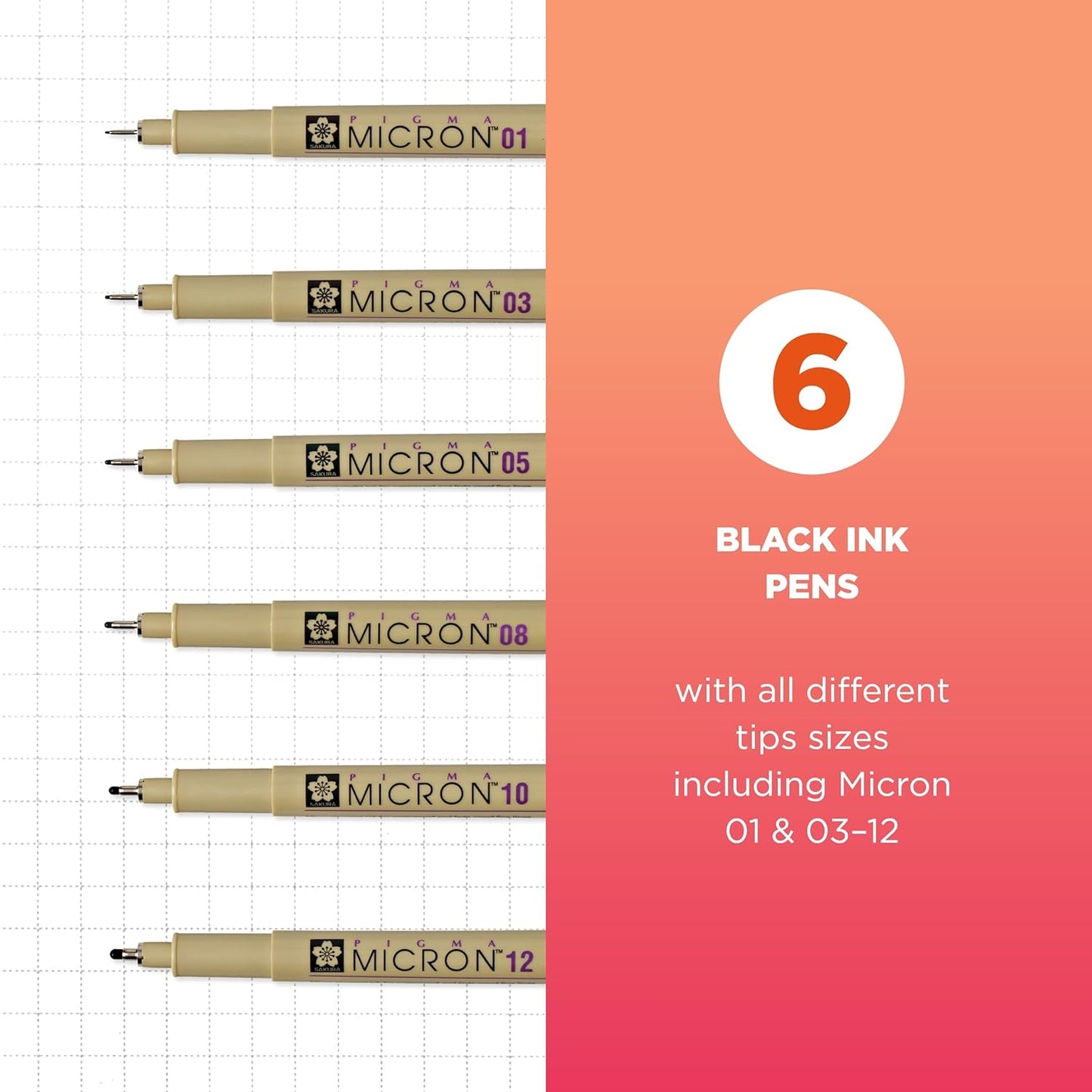 SAKURA Pigma Micron Fineliner - Bolígrafos de tinta negra Archival - Bolígrafos para escribir, dibujar o escribir en diario, varios tamaños de punta, paquete de 6