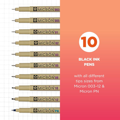 SAKURA Pigma Micron Fineliner - Bolígrafos de tinta negra de archivo, varios tamaños de puntas, paquete de 10 unidades