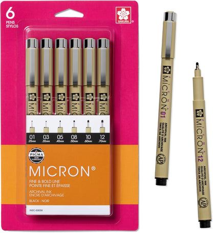 SAKURA Pigma Micron Fineliner - Bolígrafos de tinta negra Archival - Bolígrafos para escribir, dibujar o escribir en diario, varios tamaños de punta, paquete de 6