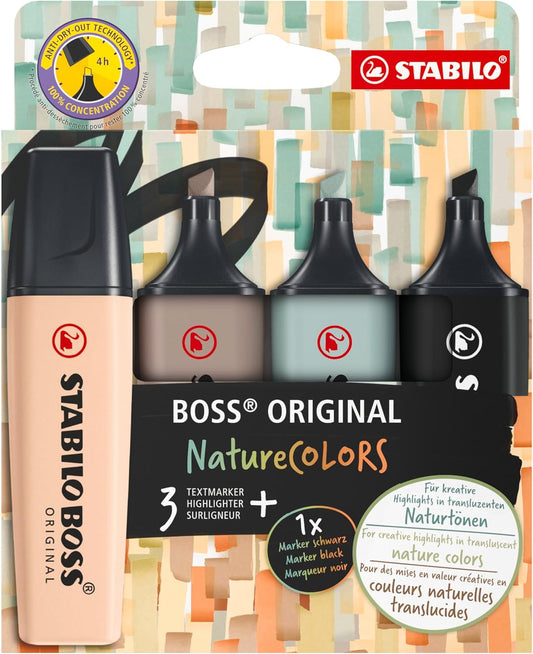 STABILO Marcador BOSS ORIGINAL NatureCOLORS - Paquete de 4 - Beige, Gris Cálido, Verde Tierra, Negro