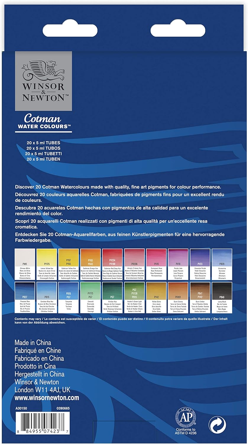 Winsor & Newton Cotman - Juego de pintura de acuarela, 20 colores, tubos de 0.17 onzas líquidas