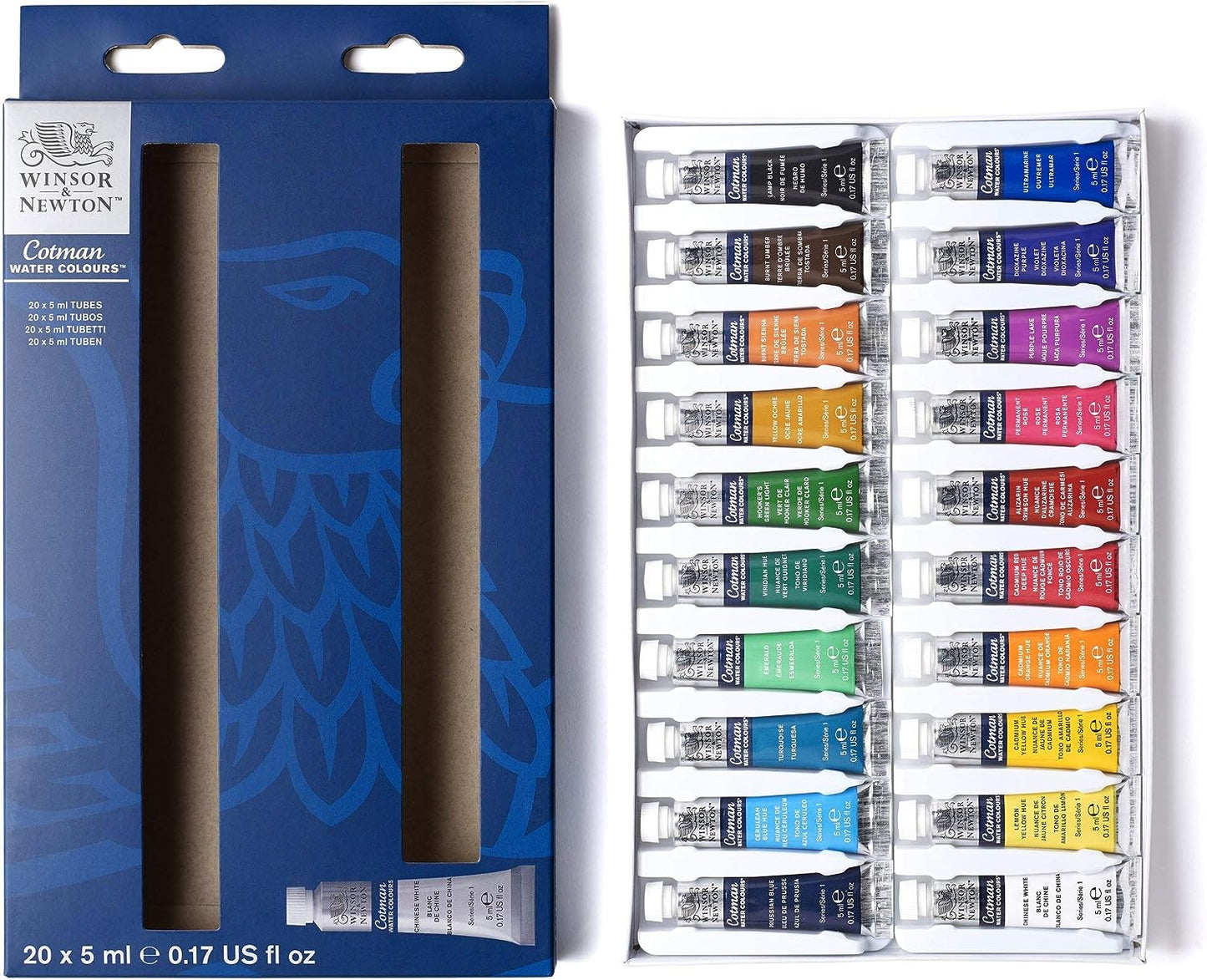 Winsor & Newton Cotman - Juego de pintura de acuarela, 20 colores, tubos de 0.17 onzas líquidas