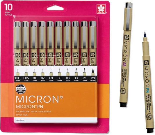 SAKURA Pigma Micron Fineliner - Bolígrafos de tinta negra de archivo, varios tamaños de puntas, paquete de 10 unidades