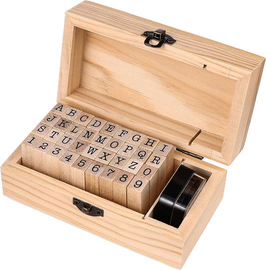 36 sellos de goma de madera, mini sellos de letras del alfabeto para tarjetas de manualidades y álbumes de fotos, juego de sellos de tinta para manualidades con caja de madera, color negro