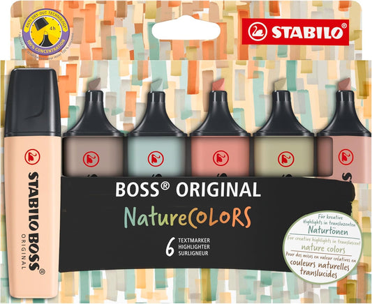 STABILO Marcador BOSS ORIGINAL NatureCOLORS - Paquete de 6 - Beige, Gris Cálido, Verde Tierra, Siena, Verde Barro, Umber