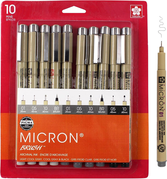 SAKURA Pigma Micron Fineliner - Bolígrafos de archivo gris y negro, tamaños de punta Assnot , paquete de 10 unidades KEEPLIVINGFASTER