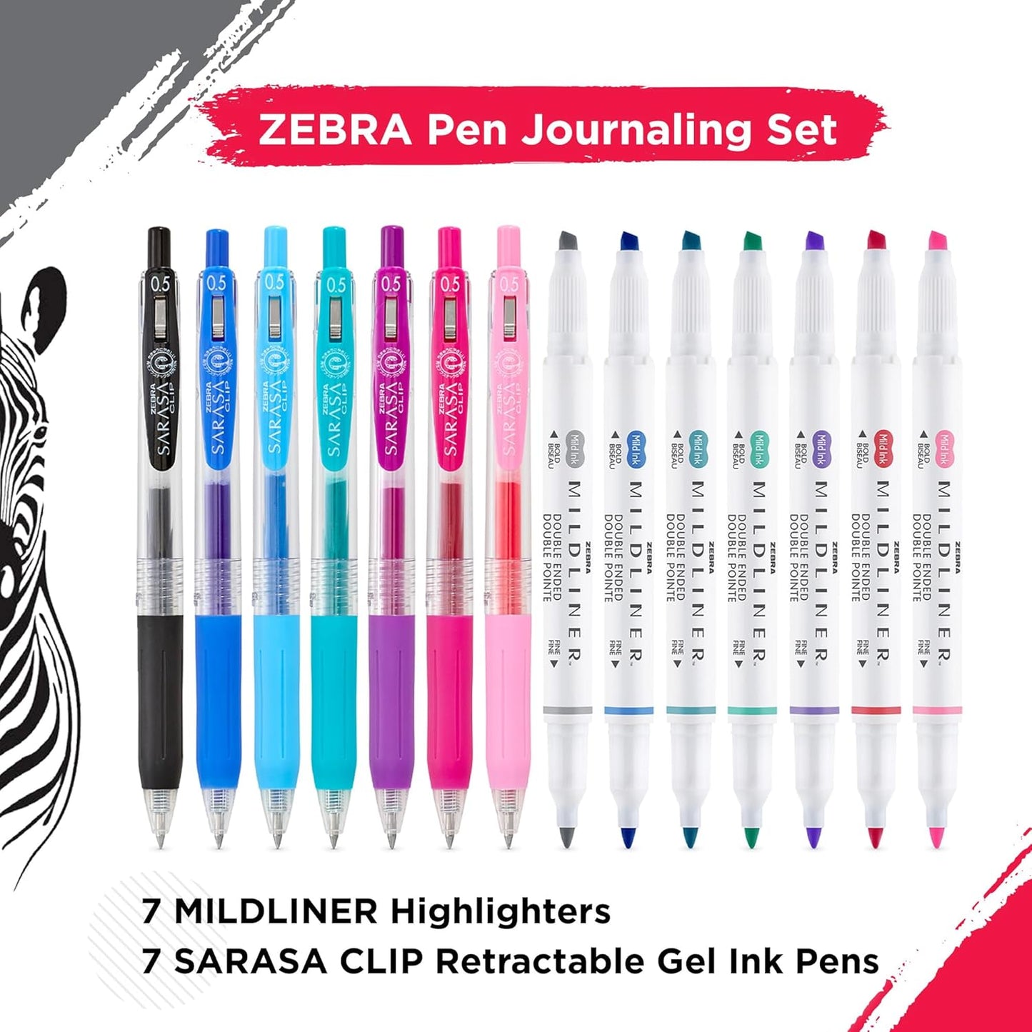 Zebra Pen Juego de diario, incluye 7 resaltadores Mildliner y 7 bolígrafos de tinta de gel retráctiles con clip Sarasa, colores surtidos, paquete de 14 unidades