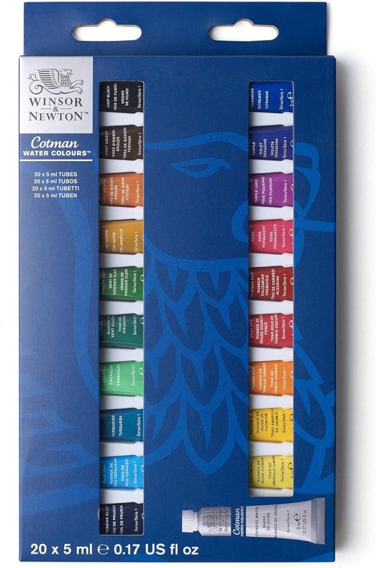 Winsor & Newton Cotman - Juego de pintura de acuarela, 20 colores, tubos de 0.17 onzas líquidas Winsor & Newton