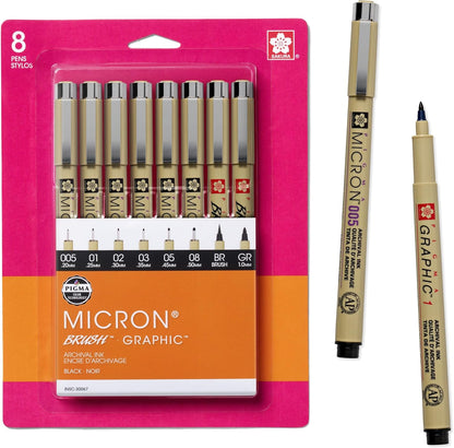 Sakura Pigma, juego de 8 plumas de tinta Micron en blíster