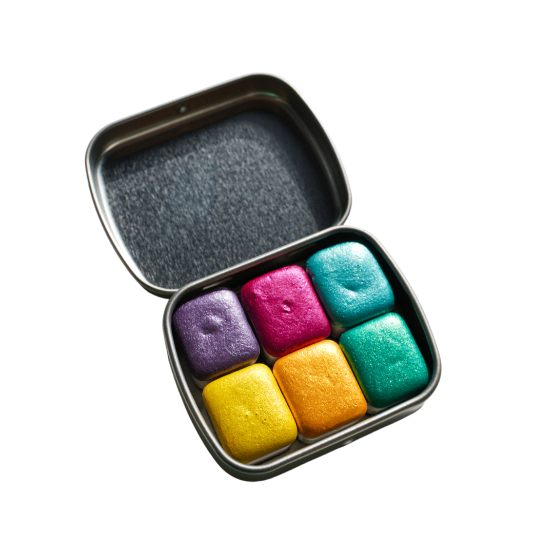 TheoryTheShop - Set RAINBOW METALLICS de acuarelas artesanales súper brillantes HALF PAN