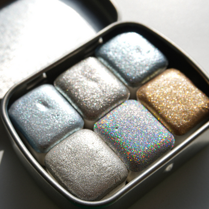 TheoryTheShop - Set SILVER de acuarelas artesanales súper brillantes HALF PAN