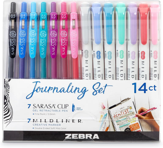 Zebra Pen Juego de diario, incluye 7 resaltadores Mildliner y 7 bolígrafos de tinta de gel retráctiles con clip Sarasa, colores surtidos, paquete de 14 unidades