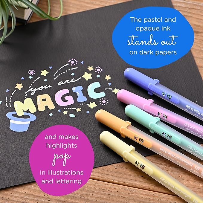 SAKURA Gelly Roll Moonlight - Bolígrafos de tinta opaca de punta gruesa para diario, arte o dibujo, línea gruesa, tinta pastel surtida, paquete de 10 unidades
