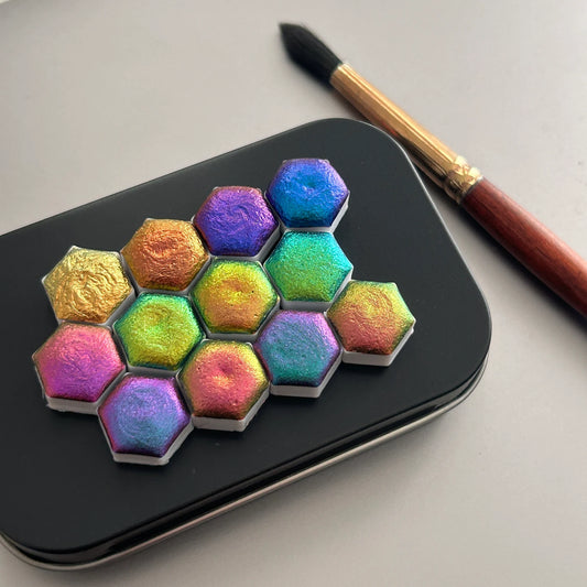 TheoryTheShop Paleta de acuarelas de la serie Colorshift Watercolor Bold, intensa acuarela camaleón, juego de 12 paletas hexagonales con caja