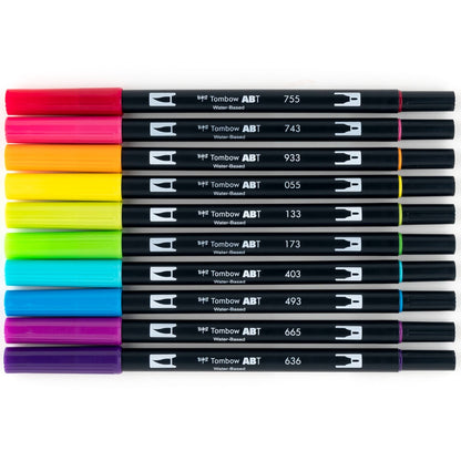 Dual Brush Pen Art Markers, Bright, 10-Pack + Free Fudenosuke Brush Pen